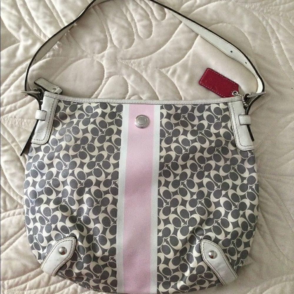 Coach bag, pink, gray, logo and stripe
